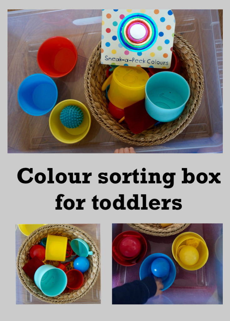 Colour sorting box for toddlers. It uses toys and things to have around the house to develop understanding and language in a fun way.